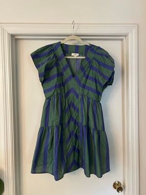 entro Green and Blue Striped V-Neck Tiered Casual Dress